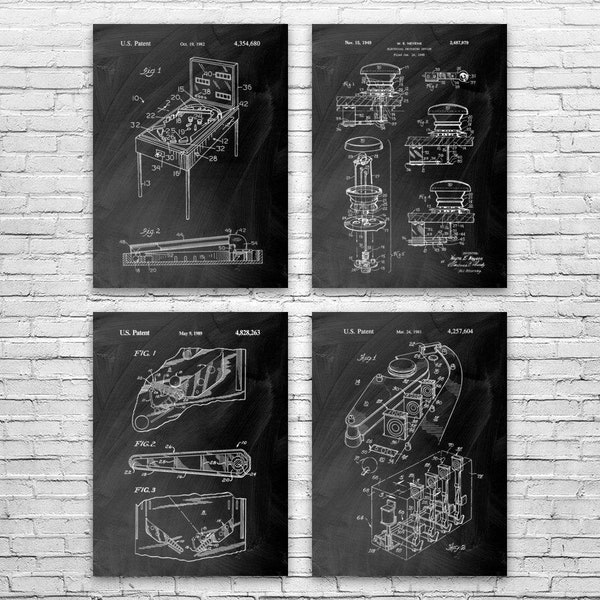 Pinball Patent Posters Set of 4, Pinball Gift, Arcade Decor, Gamer Gift, Pinball Blueprint, Retro Gaming Gift, Pinball Machine Art, Wall Art