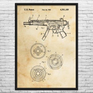 May include: A framed patent print featuring a detailed technical drawing of a firearm, dated February 26, 1985. The print includes multiple diagrams and labels, showcasing the firearm's components and design. The background has a vintage, aged paper appearance.