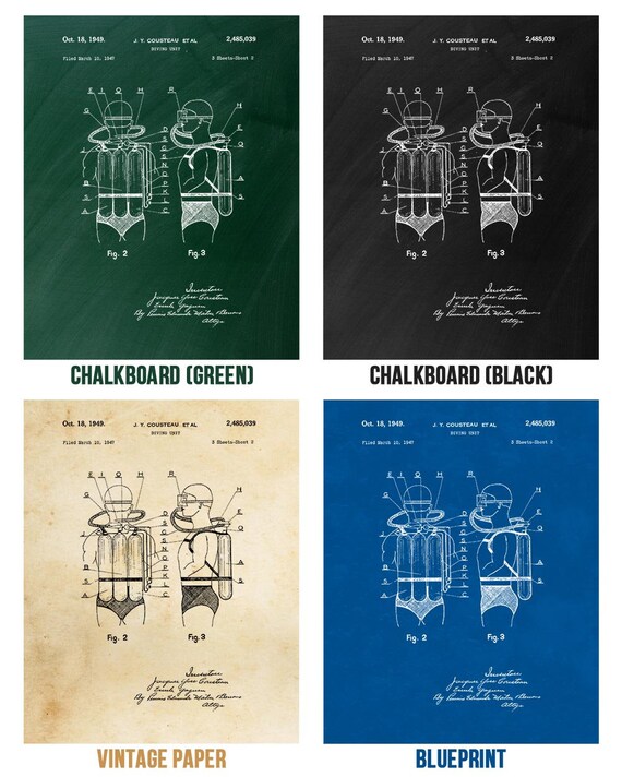 Scuba Diving Patent Posters Set of 4 Jacques Cousteau Dive Shop Art Scuba Decor 