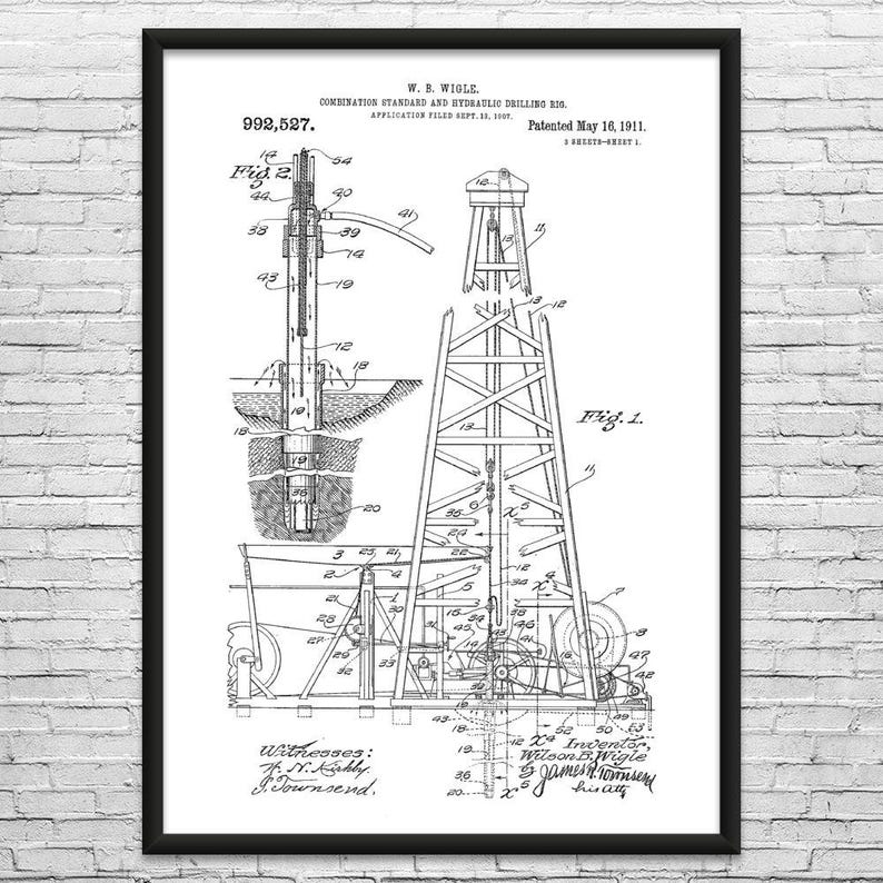 Oil Drilling Rig Patent Art Print: Rig Worker, Roughneck Gift Black & White