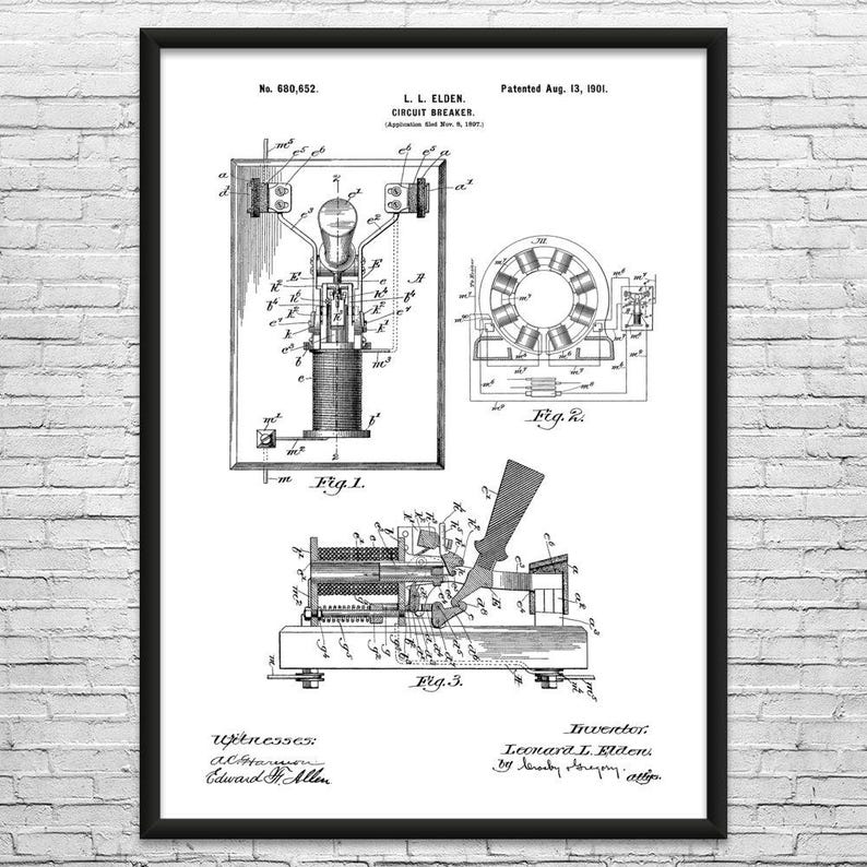 Circuit Breaker Patent Art Print: Electrician Gift, Science Decor Black & White