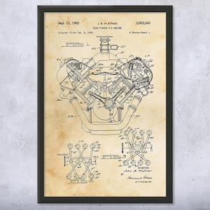 V8 Engine Patent Wall Art | Poster, Canvas or Framed | Muscle Car Art, Hemispherical, Engine Blueprint, Body Shop Art, Gearhead Gift