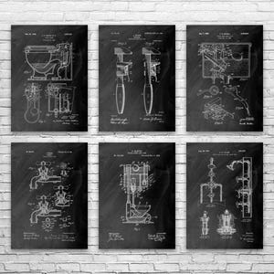 Plumbing Patent Wall Art Set of 6: Contractor Gift, Restroom Wall Art Black Chalkboard