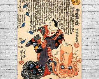 Cat & Octopus Ukiyo-e Wall Art: Cat Art, Ukiyo-e Prints