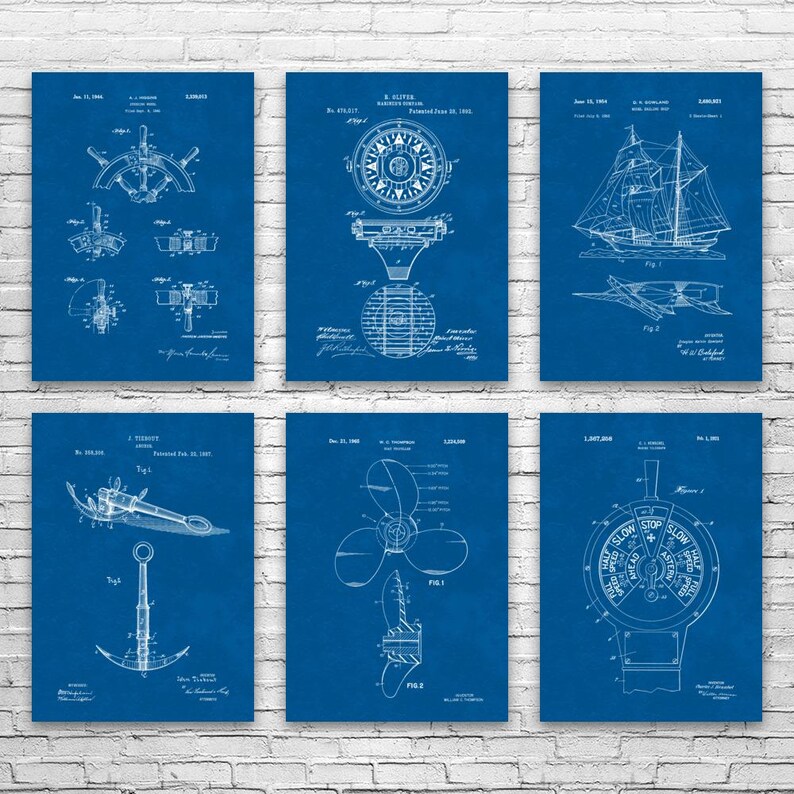 Nautical Patent Wall Art Set of 6: Sailing Gift, Boating Art - Etsy