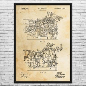 May include: Framed vintage blueprint of a printing press, featuring detailed mechanical diagrams labeled "FIG. 1" and "FIG. 2." The patent information includes the number 1,105,965 and the name O. R. Cornwall. The blueprint is set against a beige background.