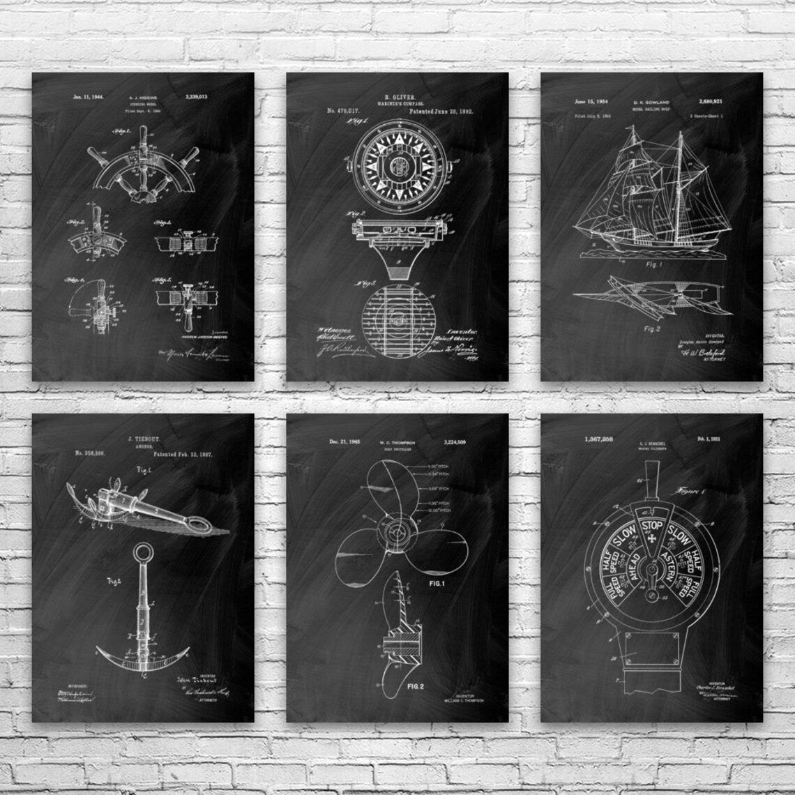 Nautical Patent Wall Art Set of 6: Sailing Gift, Boating Art - Etsy