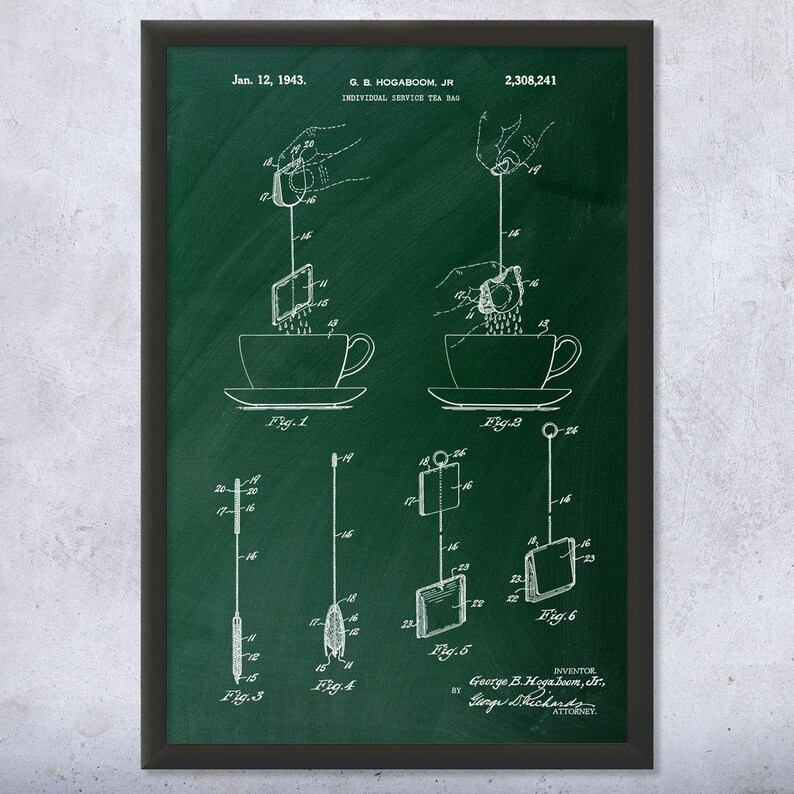 1943 Tea Bag Patent Wall Art Poster, Canvas or Framed Tea House Decor