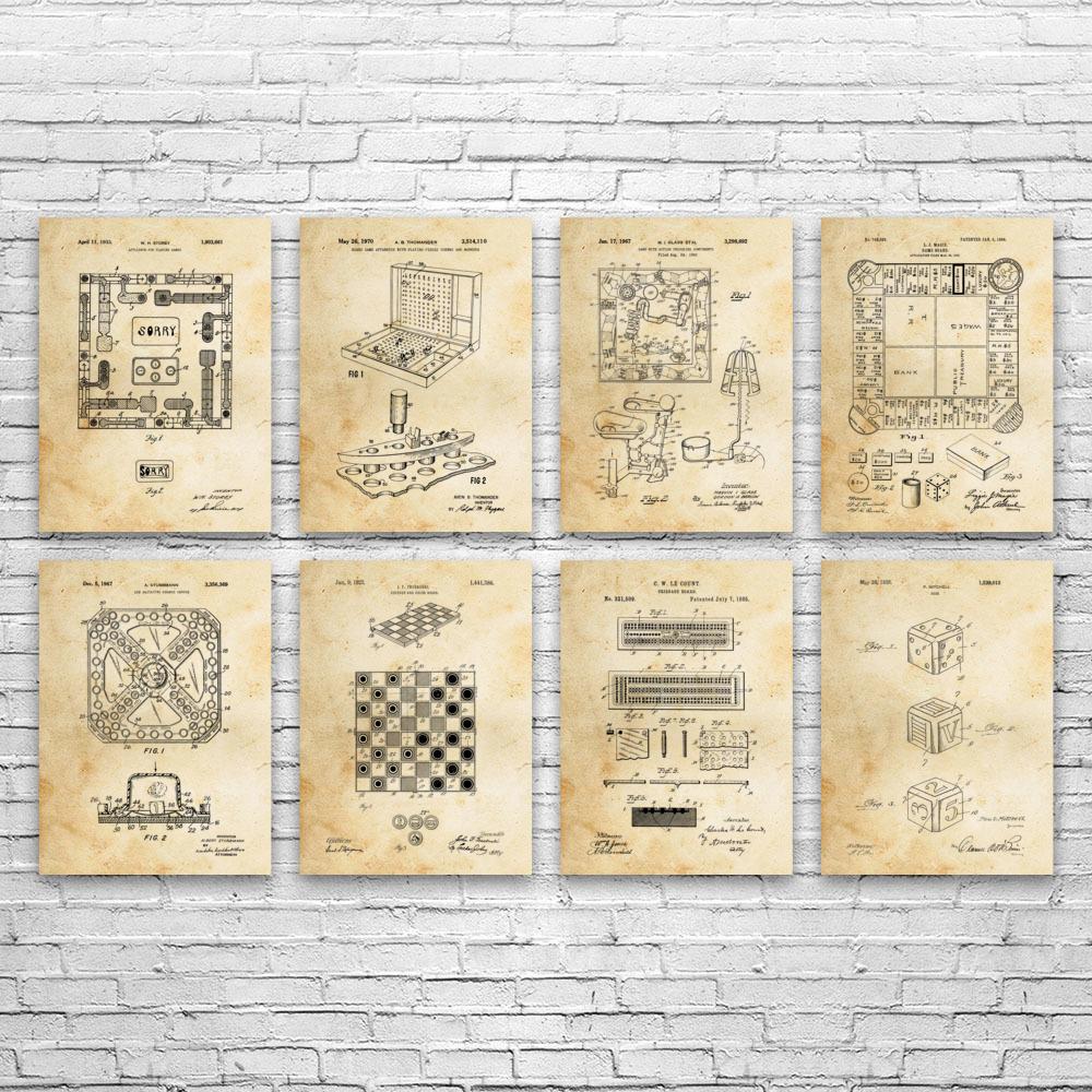 Board Game Patent Wall Art Set of 8 | Poster, Canvas or Framed | Gameroom Decor, Gaming Gift, Game Room Art, Board Game Wall Art, Framed Art