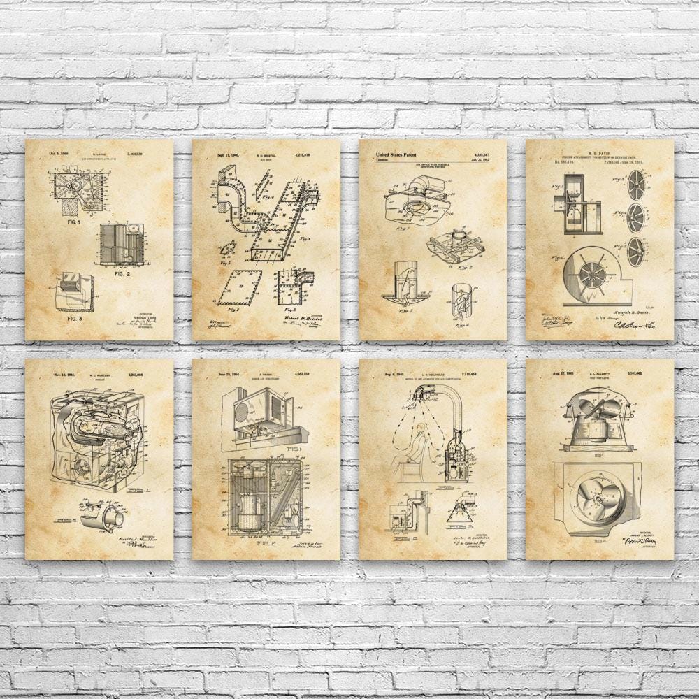 HVAC Patent Wall Art Set of 8 | Poster, Canvas or Framed | HVAC Technician, Mechanic Gift, Mechanical Engineer, Handyman Gift, Fan Blueprint