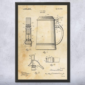 Beer Stein Patent Wall Art | Poster, Canvas or Framed | Brewing Gift, Beer Wall Art, Oktoberfest Decor, Bartender Gift, Restaurant Art