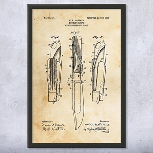 Hunting Knife Patent Wall Art | Poster, Canvas or Framed | Knife Art, Hunting Gifts, Man Cave Decor, Outdoorsman Gifts, Cabin Decor