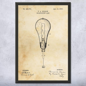 Edison Light Bulb Patent Wall Art | Poster, Canvas or Framed | Science Teacher Gift, Classroom Art, Electrician Gift, Light Bulb Art Print