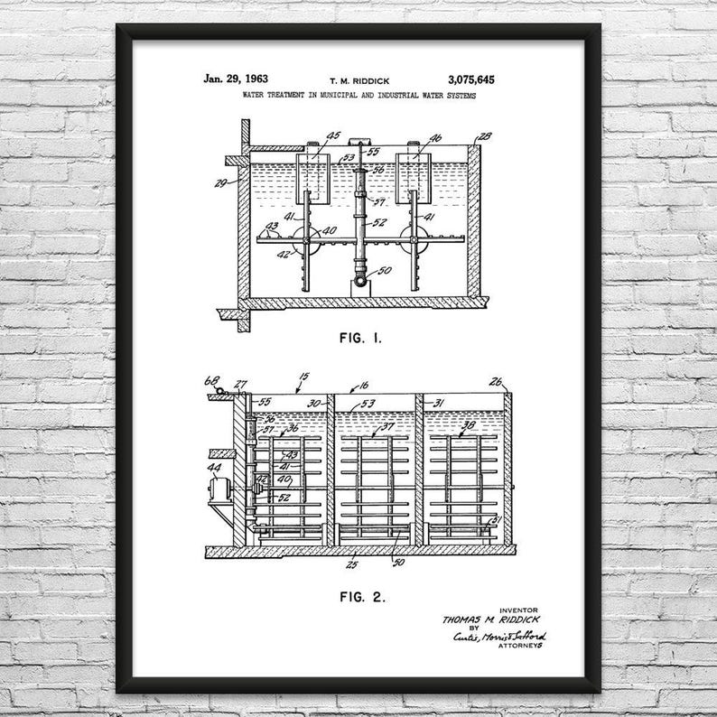 Water Treatment Patent Art Print: Industrial Decor, Water Technician Black & White