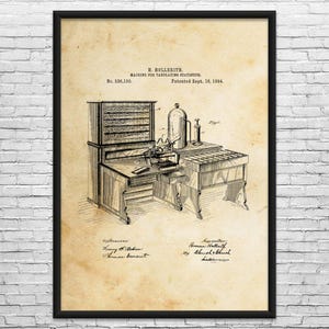 May include: A framed vintage blueprint of a machine for tabulating statistics, patented September 18, 1894. The drawing shows a complex arrangement of desks, drawers, and equipment, with text including the inventor's name and patent information.