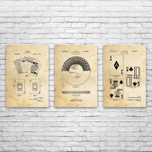 May include: Three vintage patent drawings for playing cards. The first drawing shows a deck of cards fanned out. The second drawing shows a fan of cards in a circular shape. The third drawing shows a king of spades and a ten of clubs.