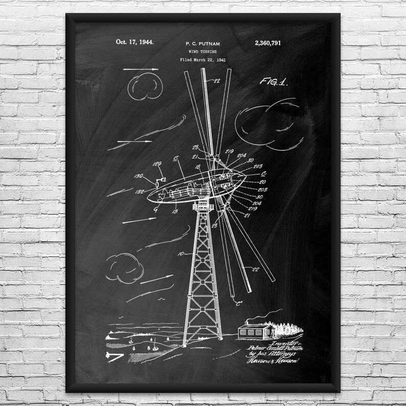 Wind Turbine Patent Art Print: Wind Farm Art, Power Technician Black Chalkboard