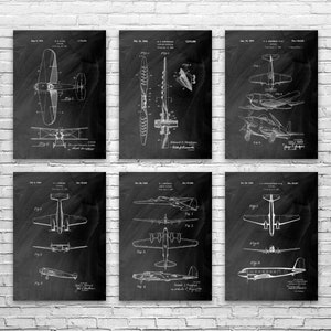 Airplane Patent Posters Set of 6, Flight Instructor, Pilot Gift, Airplane Blueprint, Flight School Art, Aeronautics Art, Airplane Design