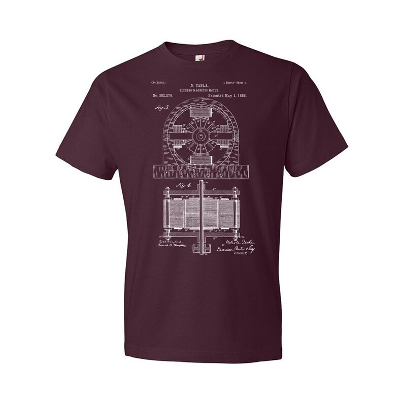 Nikola Tesla Electromagnetic Motor Patent T-Shirt: Nikola Tesla Tee, Technology Gift Maroon