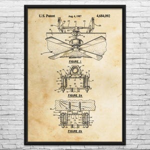 May include: A framed vintage patent print of a ceiling fan, dated August 4, 1987, with the patent number 4,684,092. The print features detailed technical drawings of the fan's components, labeled with figures and numbers, set against a sepia-toned background.