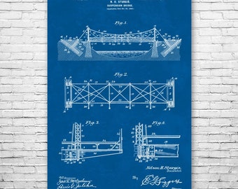 Suspension Bridge Poster Print, Structural Engineer, Architect Gift, Bridge Blueprint, Office Wall Art, Drafting Technician, Workshop Decor