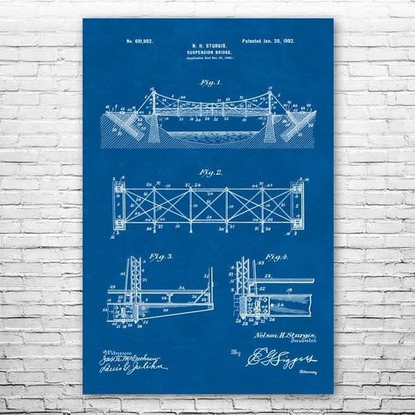 Suspension Bridge Poster Print, Structural Engineer, Architect Gift, Bridge Blueprint, Office Wall Art, Drafting Technician, Workshop Decor