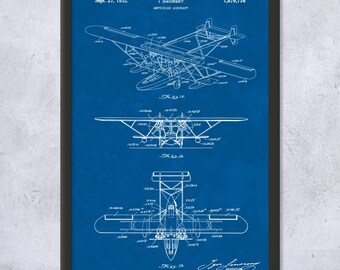 Sea Plane Patent Framed Print, Aviation Gift, Flight Instructor, Pilot Gift, Airplane Blueprint, Engineer Gifts, Retirement Gifts, Wall Art