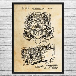 May include: Framed vintage blueprint of an inverted Y-type engine, dated May 3, 1949. The black and white technical drawing features detailed diagrams labeled with numbers and text, set against a tan background.