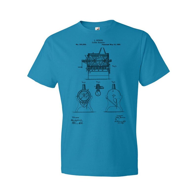 Burns Coffee Roaster Patent T-Shirt: Barista Gift, Coffee Apparel Caribbean Blue