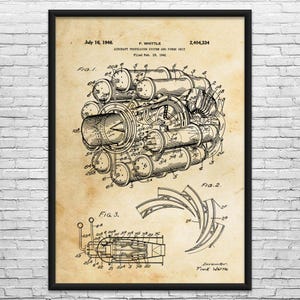 May include: A framed vintage blueprint of an aircraft propulsion system and power unit, dated July 16, 1946. The black and white technical drawing includes multiple diagrams and the name F. Whittle.