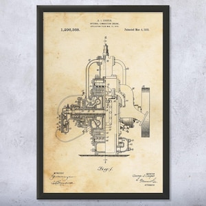 Internal Combustion Engine Patent Wall Art | Poster, Canvas or Framed | Science Class Art, Teacher Gift, Steam Punk Decor, Engine Blueprint