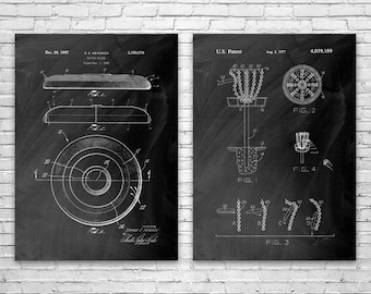 Disc Golf Patent Wall Art Set of 2 | Poster, Canvas or Framed | Disc Golf Art, Man Cave Decor, Disc Golf Posters, Garage Art, Sports Posters