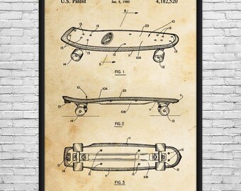 May include: Framed vintage skateboard patent print. The black and white illustration shows three views of a skateboard, including top, side, and bottom perspectives. The patent date is January 8, 1980.