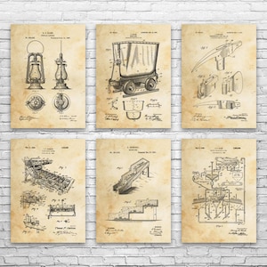 Mining Patent Wall Art Set of 6: Miner Gift, Lamp Blueprint