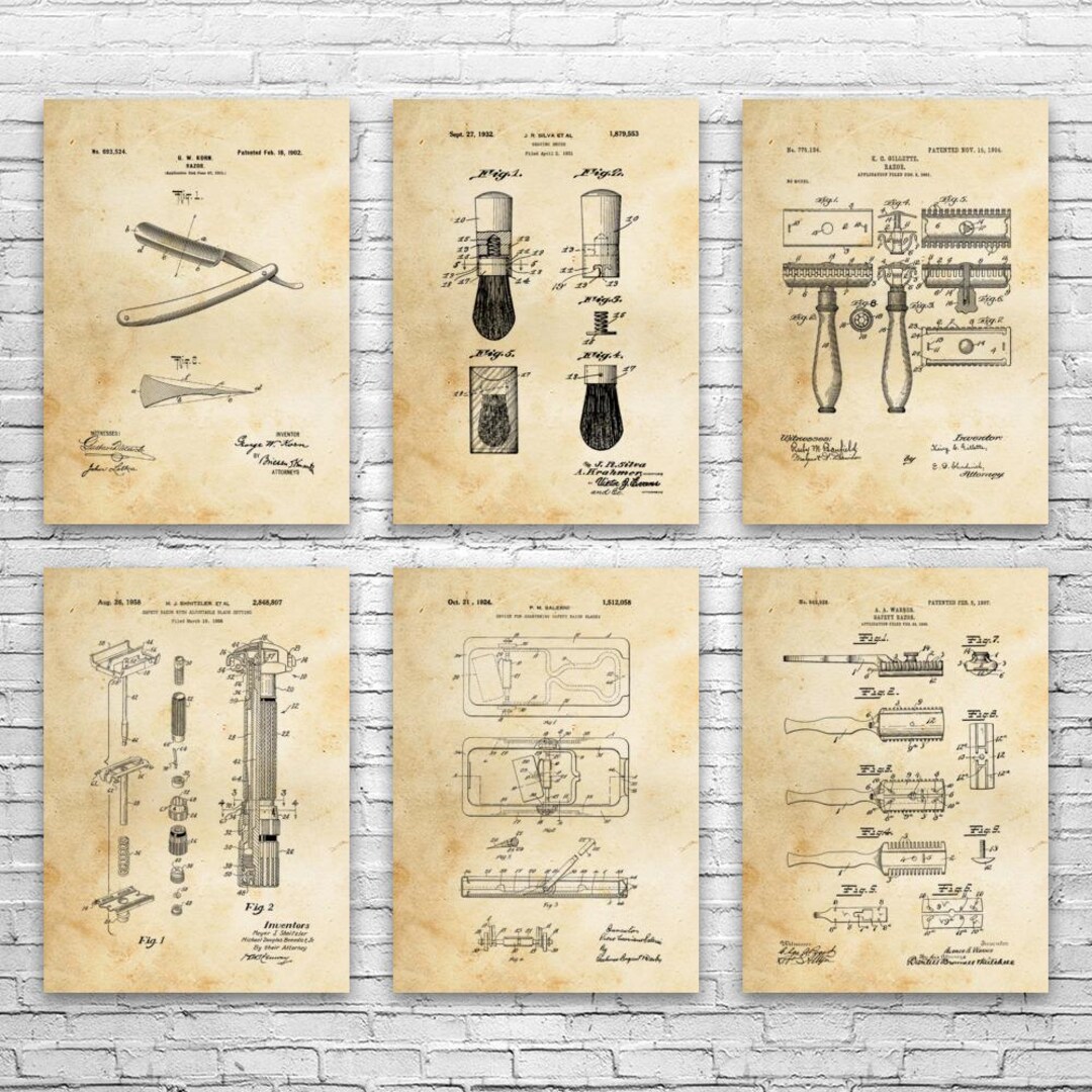 Shaving Patent Wall Art Set of 6 | Poster, Canvas or Framed | Barber ...