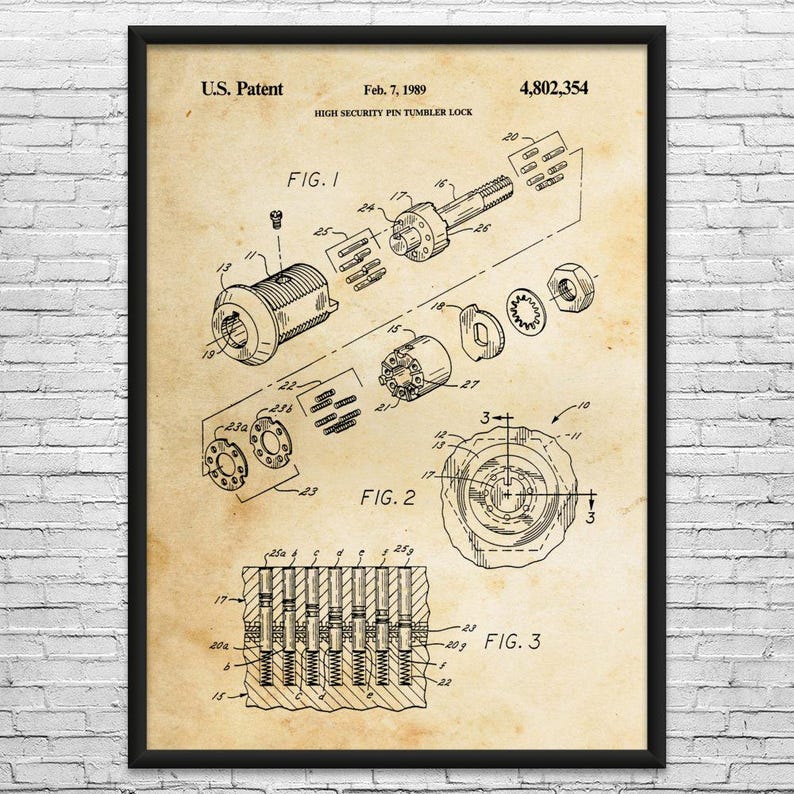 Tubular Lock Patent Art Print: Workshop Decor, Locksmith Gift Vintage Paper