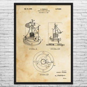 May include: A framed vintage patent print of a Geiger counter structure, dated July 12, 1949. The print features detailed technical drawings in black ink on a beige background, with the inventor's name and patent information.