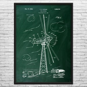 Wind Turbine Patent Art Print: Wind Farm Art, Power Technician Green Chalkboard