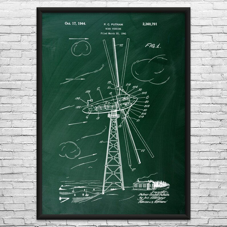 Wind Turbine Patent Art Print: Wind Farm Art, Power Technician Green Chalkboard