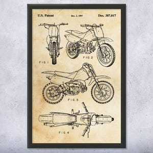 Dirt Bike Patent Wall Art | Poster, Canvas or Framed | Motorcycle Blueprint, Garage Wall Art, Sports Decor, Biker Gift, Mechanic Gift