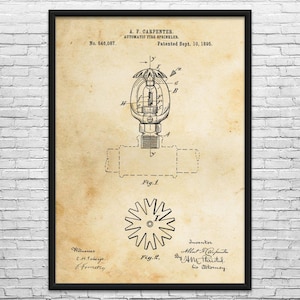 Automatic Fire Sprinkler Patent Art Print: Fire Prevention, Safety Inspector