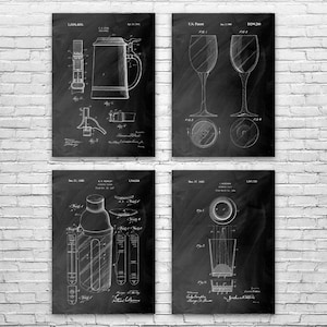 Bar Patent Wall Art Set of 4 | Poster, Canvas or Framed | Brewing Gift, Beer Wall Art, Oktoberfest Decor, Bartender Gift, Restaurant Art