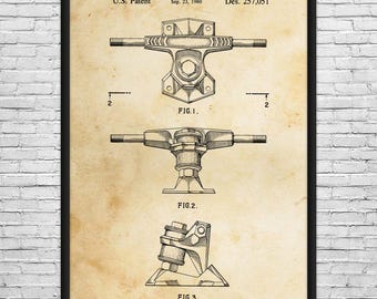 May include: A framed vintage patent print of a skateboard truck design. The print, with the text "U.S. Patent Sep. 23, 1980 Des. 257,051", features three detailed technical drawings labeled as Fig. 1, Fig. 2, and Fig. 3, against a tan background.