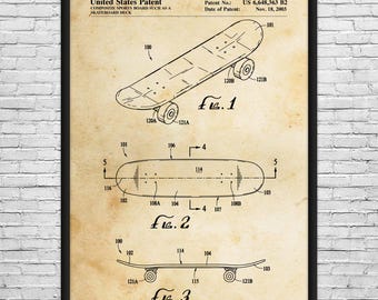 May include: Patent print of a skateboard deck, featuring three diagrams. The top diagram shows a perspective view, the middle one a top view, and the bottom one a side view. The text reads "United States Patent" and "COMPOSITE SPORTS BOARD SUCH AS A SKATEBOARD DECK."