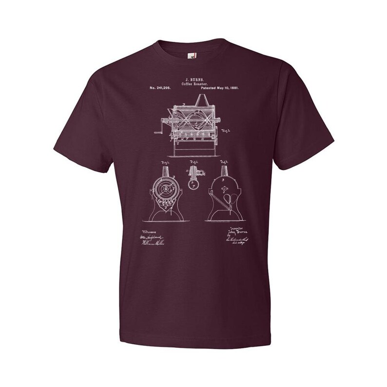 Burns Coffee Roaster Patent T-Shirt: Barista Gift, Coffee Apparel Maroon