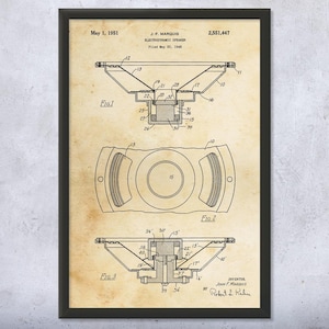 Electrodynamic Speaker Patent Wall Art | Poster, Canvas or Framed | Recording Studio, Music Room Decor, Producer Gifts, Speaker Art