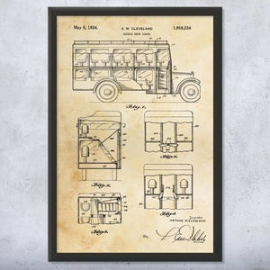 May include: A black and white line drawing of a double-deck coach patent from May 8, 1934. The patent is titled "Double Deck Coach" and is by inventor Arthur W. Cleveland. The drawing shows the side view of the coach, as well as detailed diagrams of the interior.