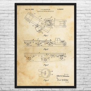 May include: A framed vintage blueprint of a tractor and trailer construction, dated August 16, 1938. The blueprint includes detailed diagrams labeled Fig. 1, Fig. 2, Fig. 3, and Fig. 4, with the name A.E. Schawlem and patent number 2,126,819.