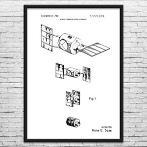 Satellite Patent Art Print: Telecom Gift, Space Lover Black & White