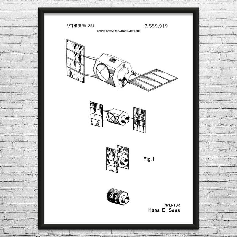 Satellite Patent Art Print: Telecom Gift, Space Lover Black & White